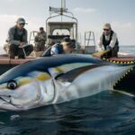 A rare giant bluefin tuna is measured and confirmed by marine biologists using peer-reviewed protocols