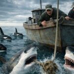 Fishermen report sharks biting their anchor lines just moments after orcas surrounded their boat in a tense marine encounter
