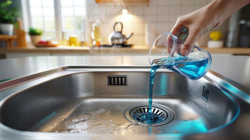 No vinegar and no baking soda : pour half a glass and the drain cleans itself